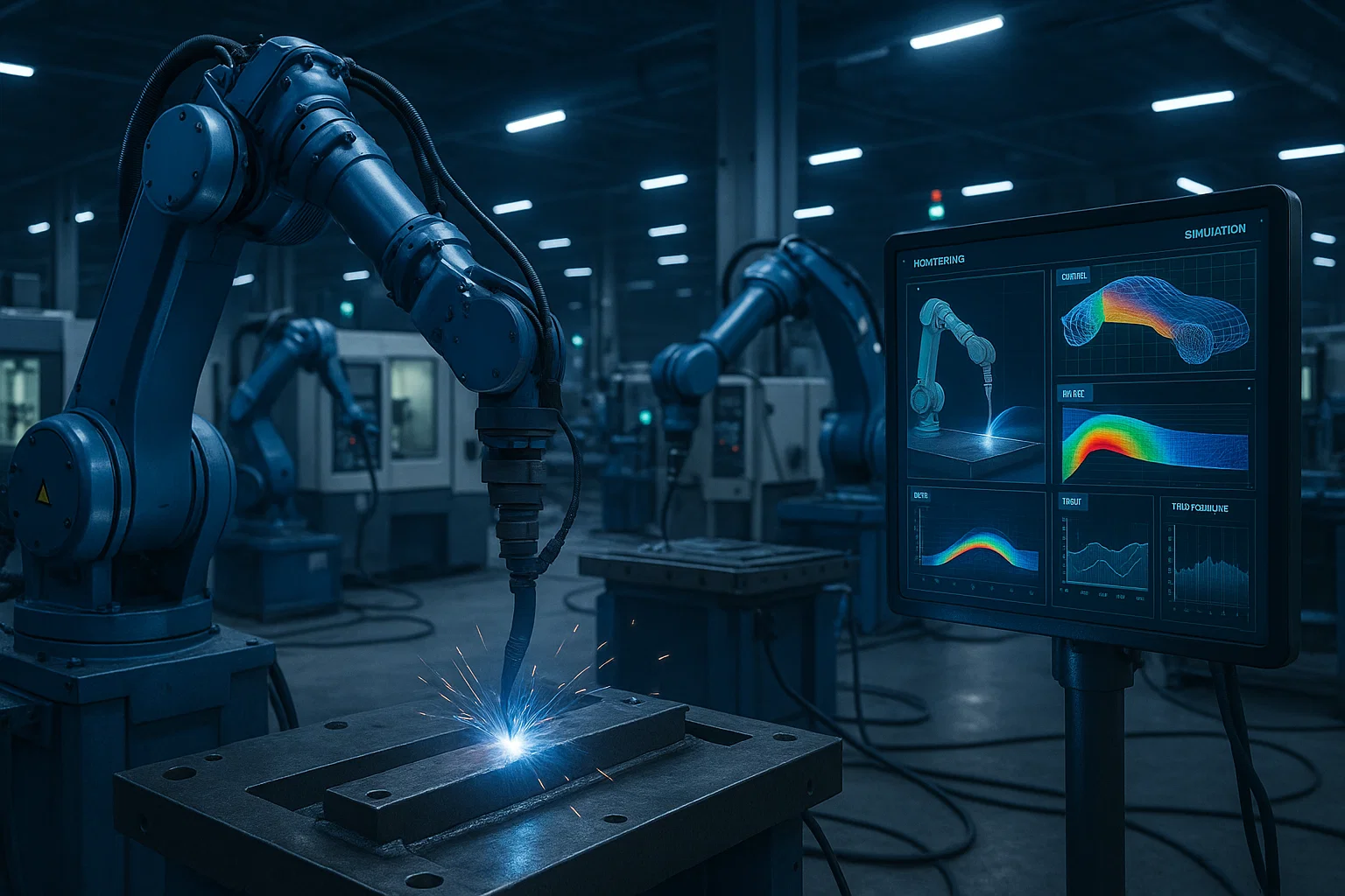 Robotic welding and advanced CNC systems operating alongside digital simulation technology in a modern fabrication facility.