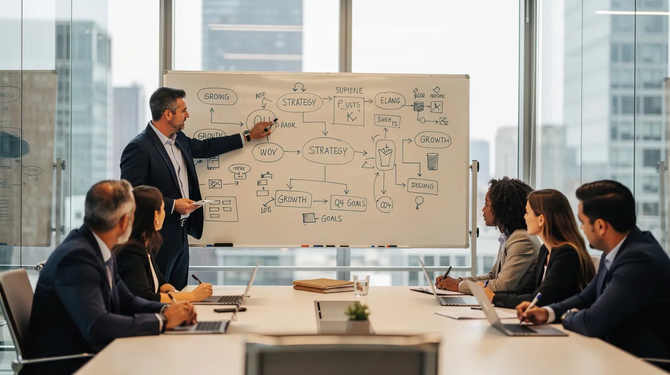 The image depicts a business executive leading a strategy session at a whiteboard, engaging with team members to discuss their marketing strategy and align on business objectives for effective marketing efforts. The scene emphasizes strategic leadership and collaboration among the marketing team to drive business growth and achieve clear marketing outcomes.