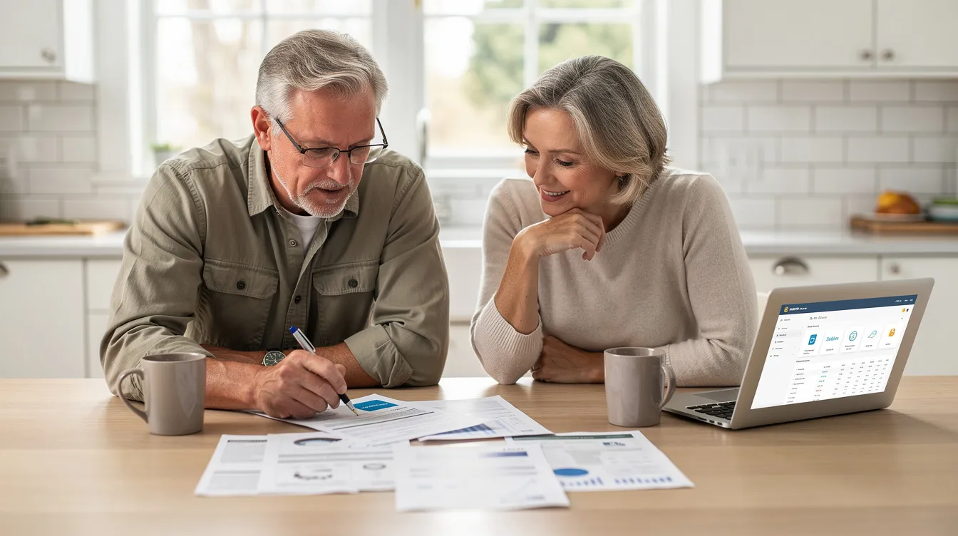 A mature couple is seated at a kitchen table, reviewing financial documents together, which likely include details about their retirement savings and employer-sponsored plans. They appear engaged in a discussion about their future financial strategies and expenses.