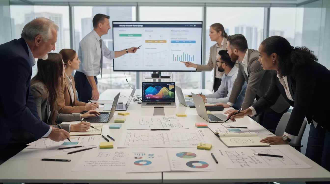 The image depicts a diverse group of professionals engaged in a corporate training workshop, utilizing digital screens alongside hands-on discussion materials to enhance their leadership development skills. This blended learning environment fosters collaboration and deeper understanding of essential skills needed for a future-ready workforce. The image depicts a diverse group of professionals engaged in a corporate training workshop, utilizing digital screens alongside hands-on discussion materials to enhance their leadership development skills. This blended learning environment fosters collaboration and deeper understanding of essential skills needed for a future-ready workforce.
