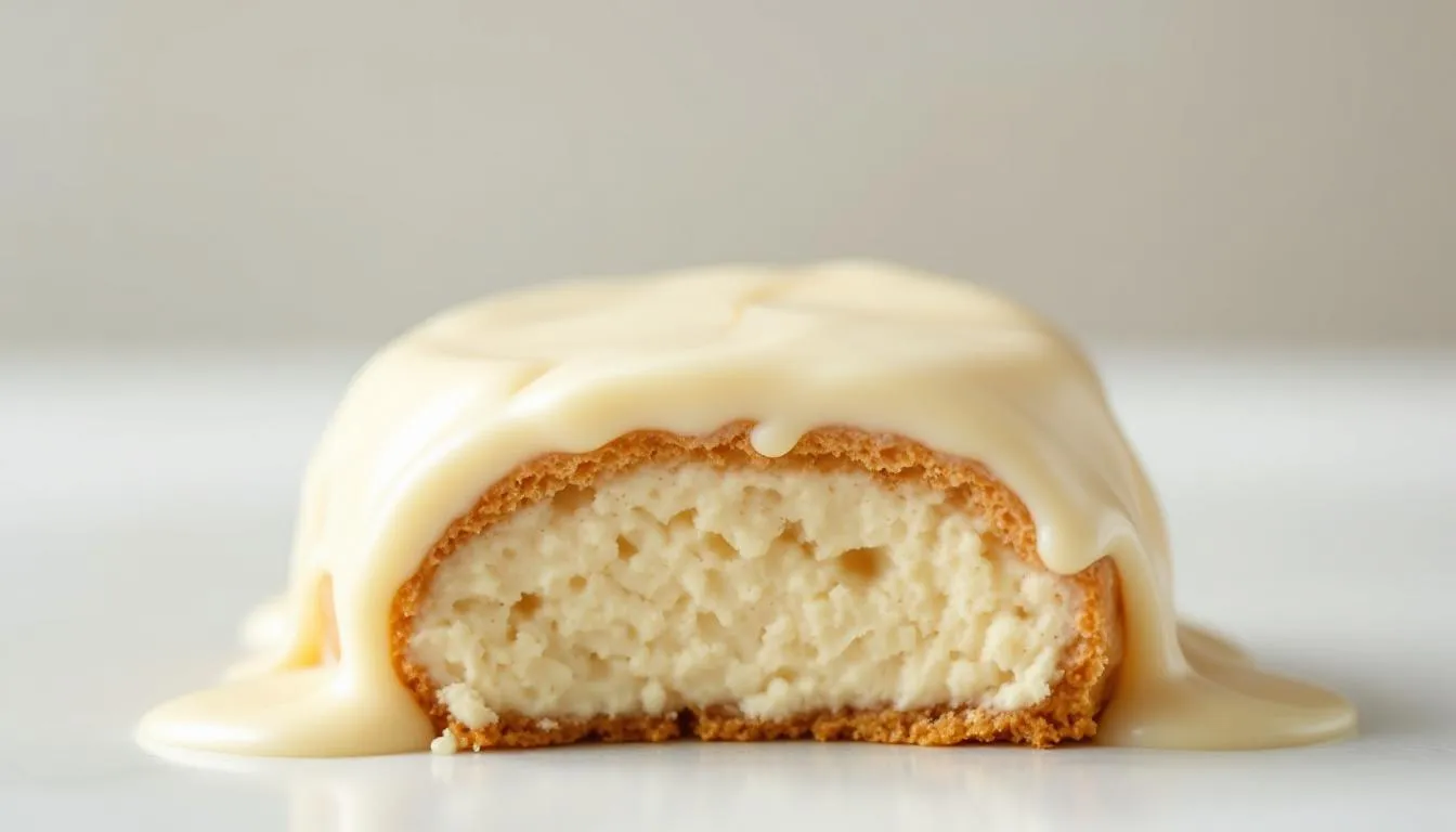 Ein köstliches Dessert, das mit weißer Kuvertüre überzogen ist.