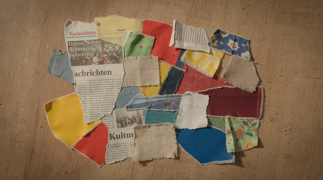 Die abstrakte Collage besteht aus verschiedenen Materialien wie Zeitungsausschnitten, buntem Papier und Stoffresten, die kreativ auf einer Holzoberfläche angeordnet sind. Diese Kunstform erinnert an die Dada-Bewegung und spiegelt den Einfluss von Künstlern wie Sophie Taeuber und Kurt Schwitters wider, die Konventionen in der Kunst herausforderten.