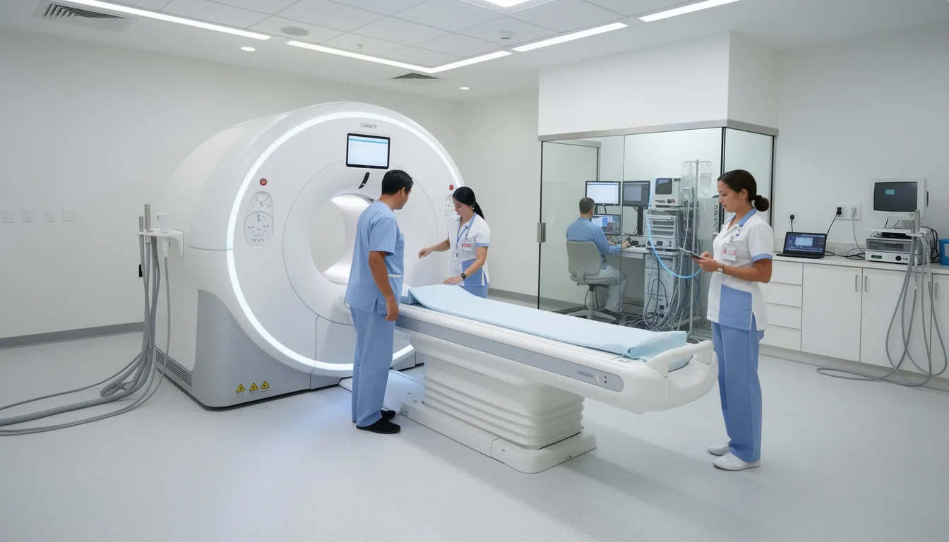 En modern MRI-scanner är placerad i en ljus klinisk miljö där medicinsk personal förbereder sig för en mr undersökning av knäet. Denna magnetkameraundersökning används för att upptäcka skador som meniskskador eller korsbandsskador och ger detaljerad information om knäledens tillstånd.