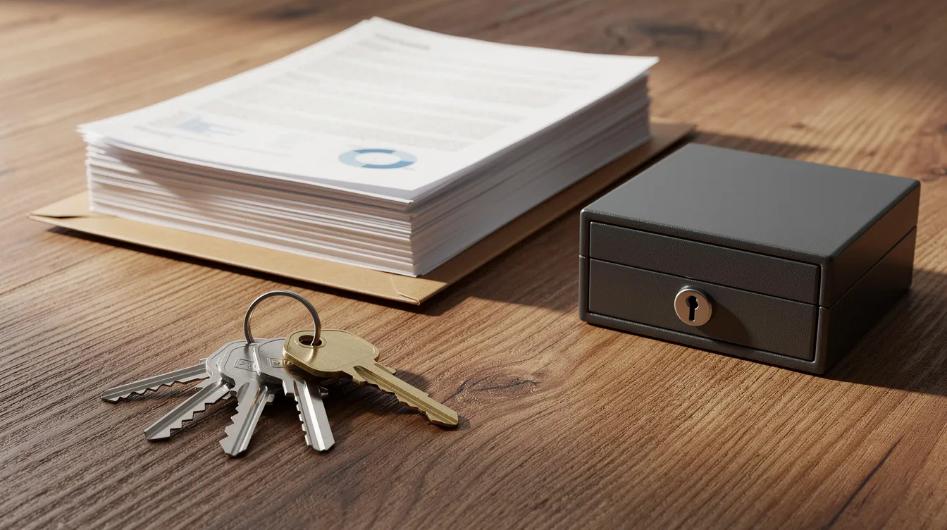 House keys, a document folder, and a small lockbox arranged on a wooden table at the start of an estate cleanout