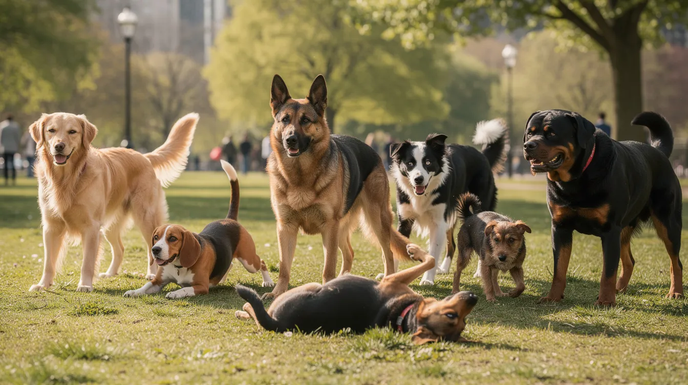 The image depicts a relaxed and happy dog displaying positive body language, with a wagging tail and floppy ears, suggesting it is comfortable and content in its environment. The dog's body posture is open, and its soft eyes convey a friendly demeanor, indicative of canine communication and emotional well-being.