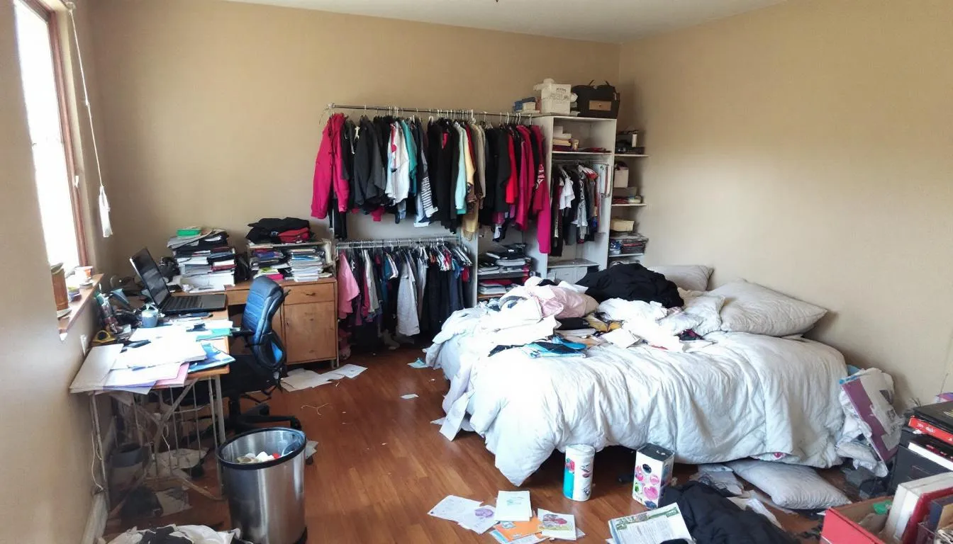 A cluttered bedroom filled with various items scattered across the floor and surfaces, showcasing the need for effective storage solutions and organizing tips to create a more organized space. The disarray highlights the importance of decluttering regularly to prevent future clutter and maximize vertical space for better storage.