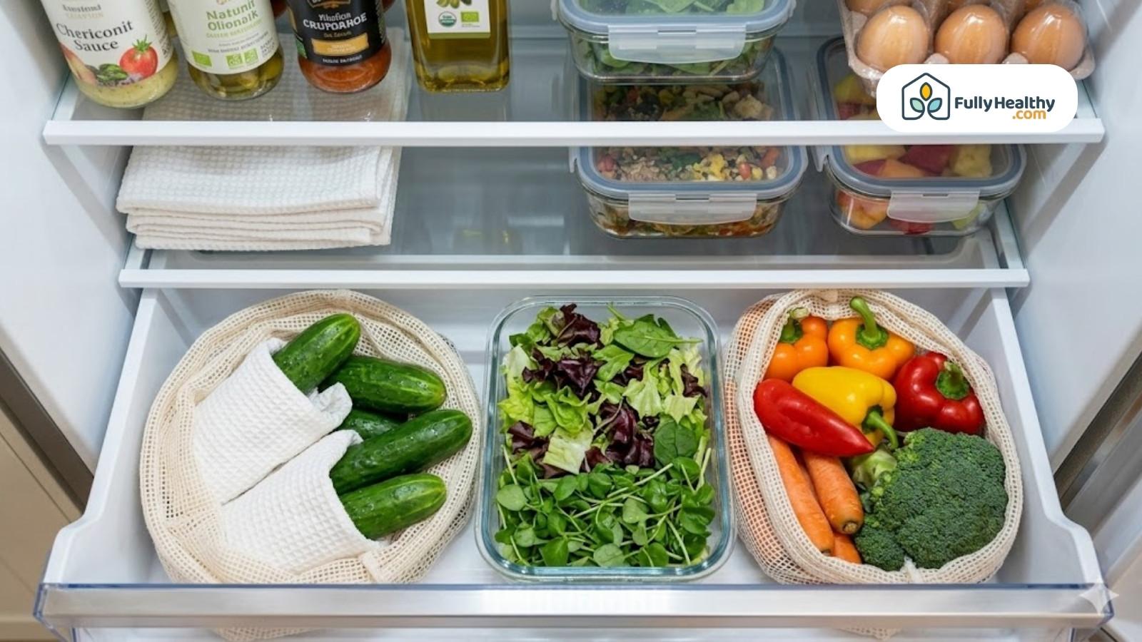 Organized refrigerator drawer with cucumbers, greens, and vegetables