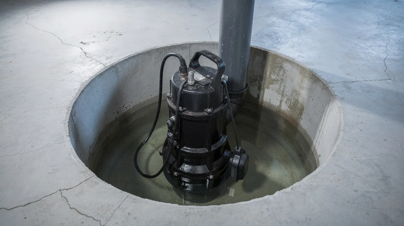 A close-up image shows a submersible sump pump positioned inside a concrete sump pit in a residential basement, with visible components such as the float switch and discharge pipe. This setup is essential for preventing basement flooding by efficiently managing water levels and ensuring the sump pump system is functioning properly.