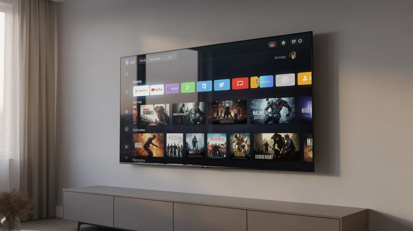 A modern Smart TV displays a generic streaming interface with various apps available for users to access content. The image highlights the growing trend of streaming services, which can sometimes lead to serious risks related to illegal IPTV services and copyright law violations.