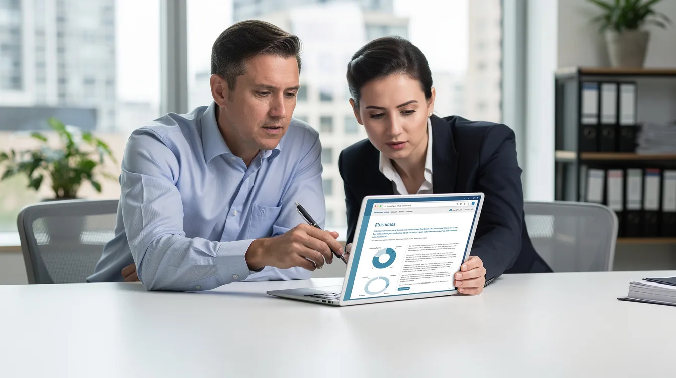 In an office setting, two individuals are focused on a laptop screen, reviewing a document related to UK immigration status. They appear to be discussing details that may involve biometric residence permits and the processes for verifying identity and immigration status.