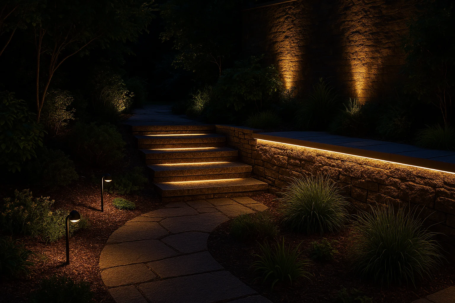 Night-time garden showing illuminated steps, LED patio lights, and wall-mounted uplights highlighting stone textures for a cozy, modern feel.