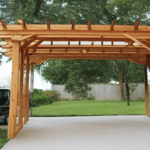 A beautiful pergola carport made of wood, blending in with the natural surroundings.
