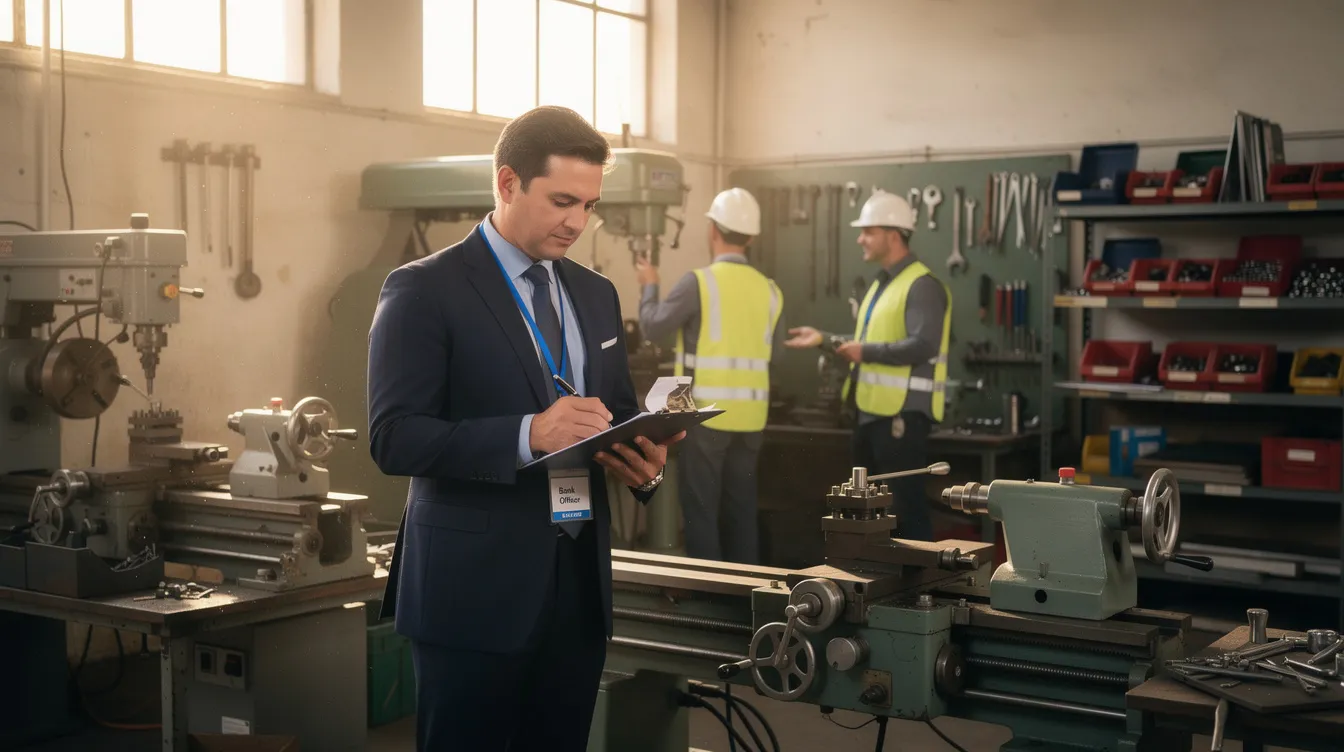 ab6743a8 c2b0 43f2 b402 bbafe7cab714 A bank officer is inspecting a small factory workshop while holding a clipboard, likely assessing the eligibility of the business for financial assistance under the Pradhan Mantri Mudra Yojana. The officer is focused on the micro unit's operations, which may include reviewing their previous loans and business plan to determine their cash flow and credit track record.