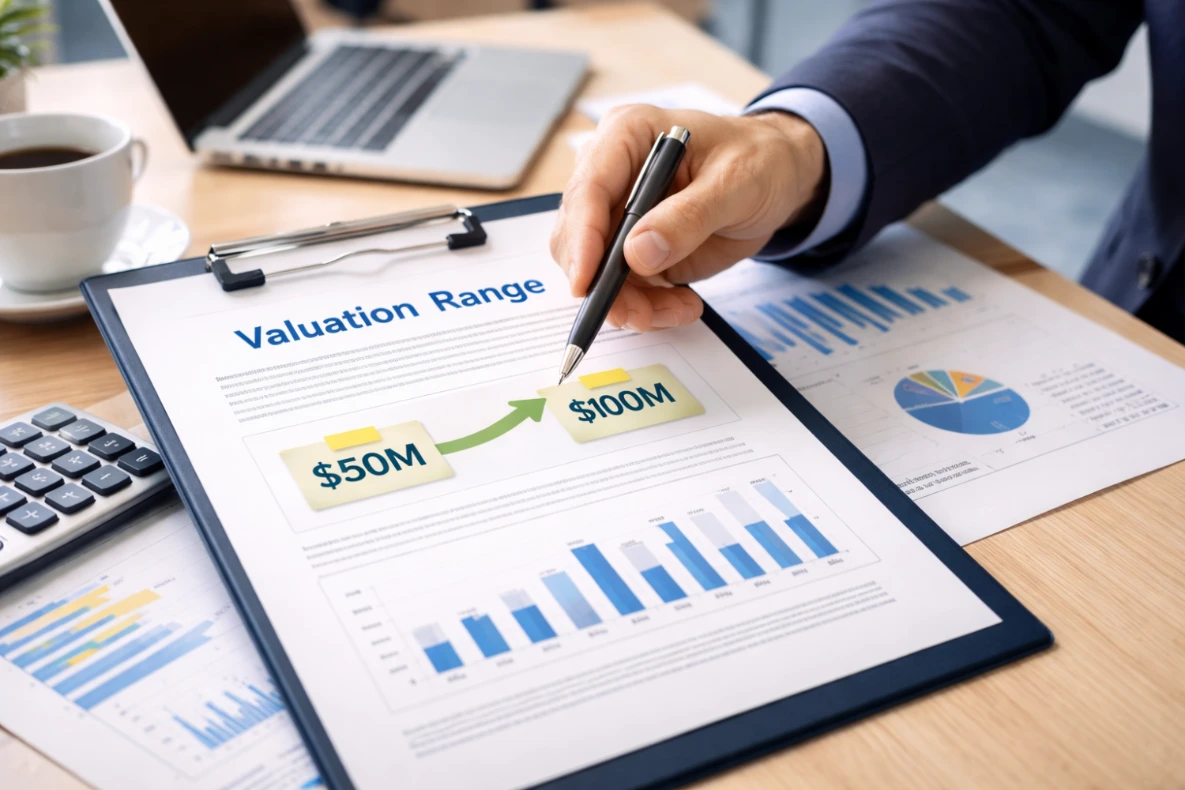 A person in a suit reviews a document titled "Valuation Range" which shows a graph indicating a rise from $50M to $100M, accompanied by bar charts and a pie chart on a wooden desk with a laptop and calculator.