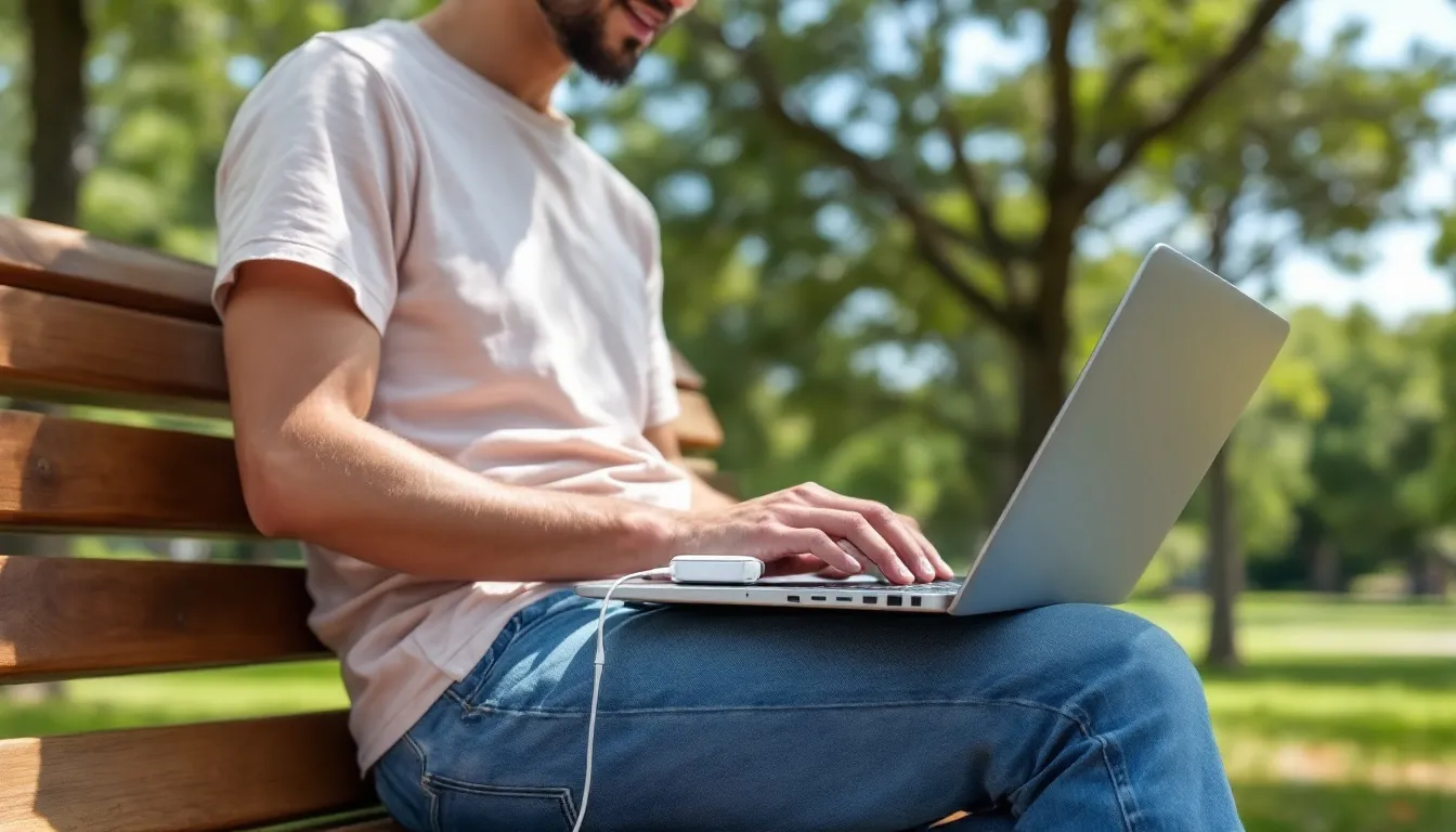 A person is sitting outdoors, using a laptop connected to a mobile hotspot device, likely utilizing Verizon's mobile hotspot for high-speed internet access. The scene reflects a casual setting where the individual is engaged in online activities, highlighting the convenience of mobile hotspot data for staying connected while away from home.