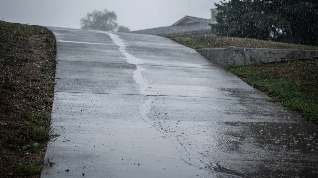 The image depicts a wet concrete driveway on a sloped terrain during rainfall, showcasing a slippery surface that may pose a slip risk. The texture of the concrete is important for traction, especially in high traffic areas, where a slip resistant solution can enhance safety for vehicles and pedestrians.