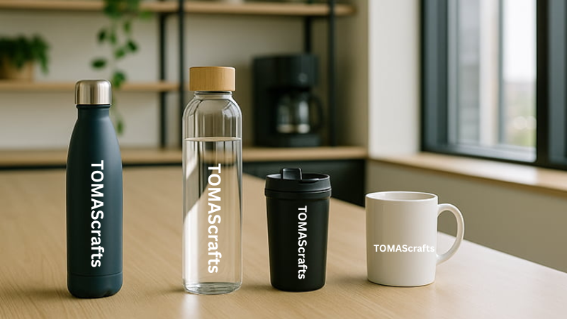 Custom TOMAScrafts branded drinkware set with stainless bottle, glass bottle, travel tumbler and ceramic mug on an office table