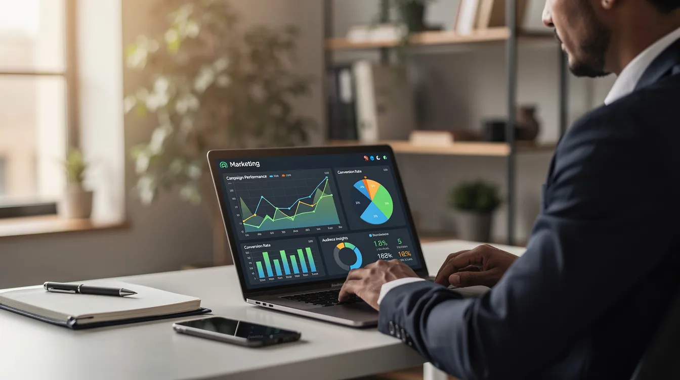 A professional sits at a desk, focused on a laptop displaying detailed marketing analytics related to a Google Ads account. The screen features graphs and data visualizations that likely include customer data and campaign performance metrics, emphasizing strategies like smart bidding and audience segments for optimizing ad spend.