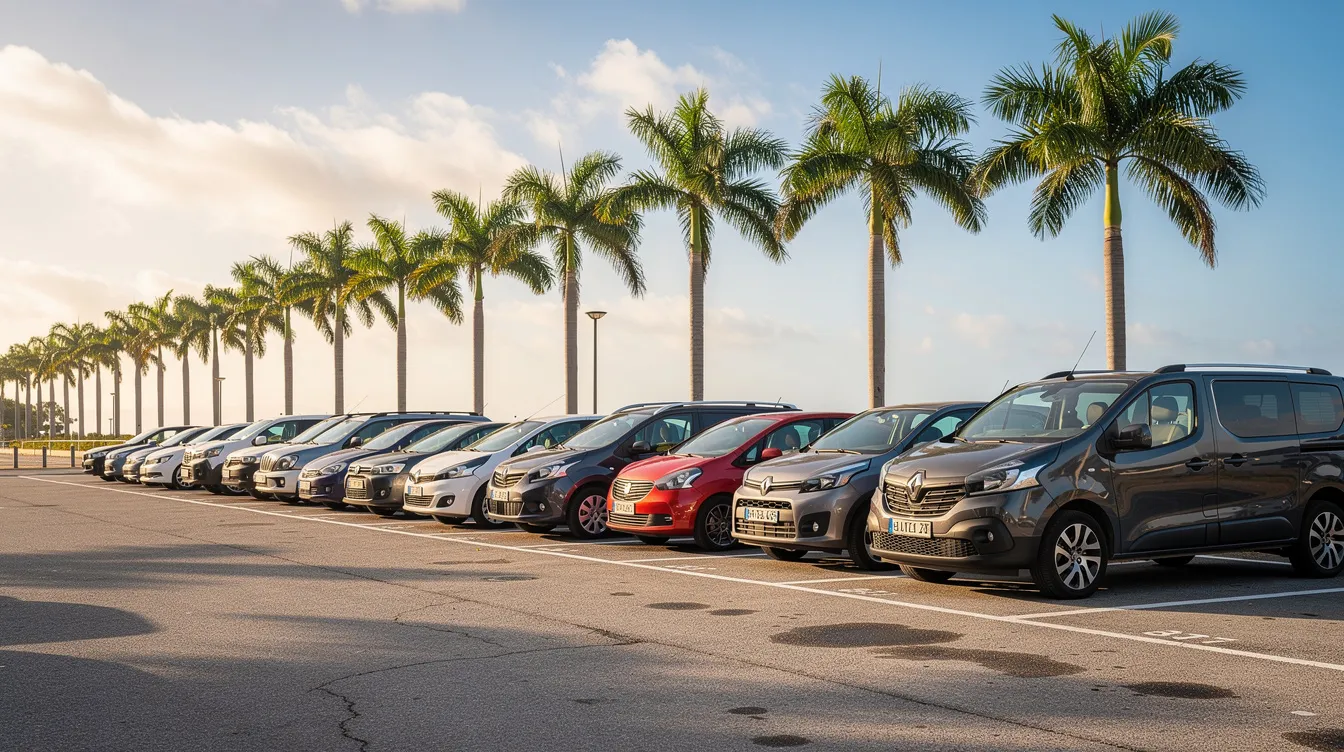 En la imagen se pueden ver varios coches de diferentes tamaños aparcados en fila en un aparcamiento al aire libre, con palmeras que se alzan al fondo, evocando un ambiente tropical. Esta escena podría ser ideal para quienes buscan alquilar un coche en Marruecos y explorar sus ciudades y paisajes.