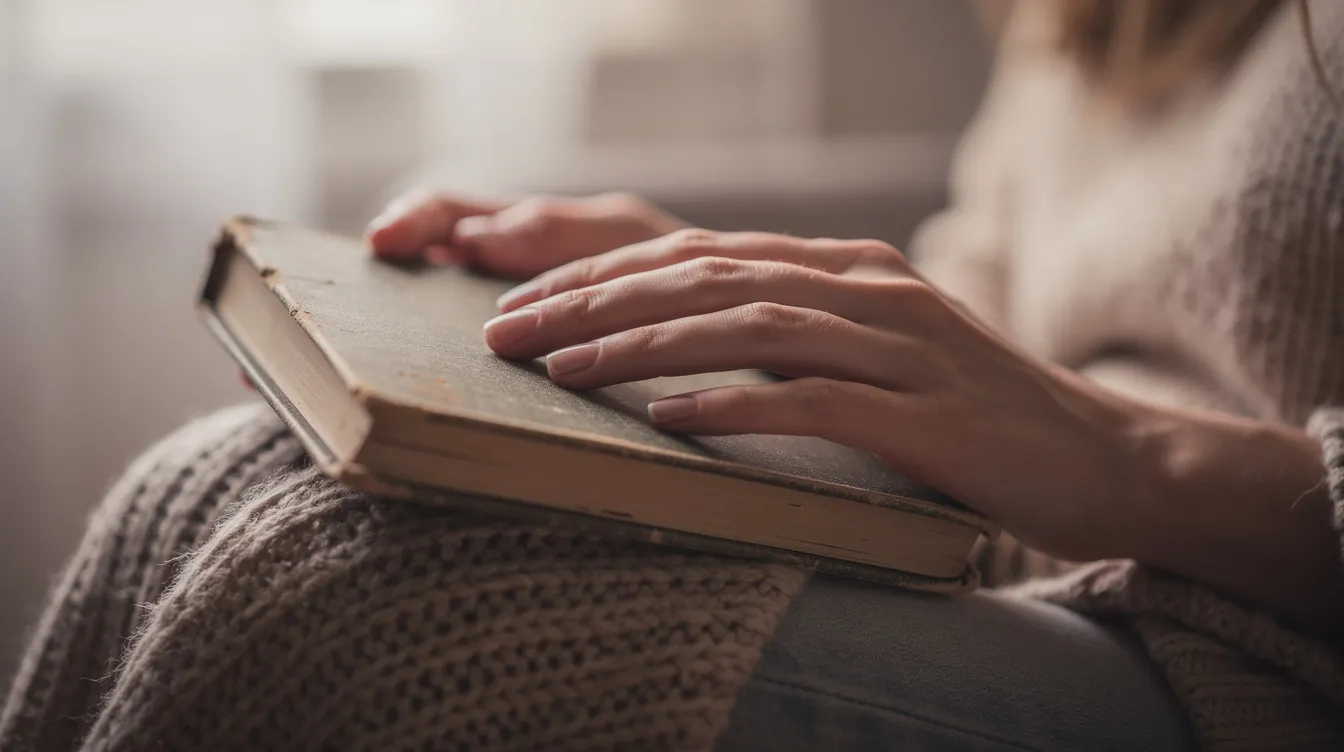 Une femme tient un journal intime dans ses mains, créant une ambiance calme et introspective. Ce moment de réflexion pourrait évoquer les symptômes du syndrome prémenstruel, tels que l'irritabilité et l'anxiété, qui affectent certaines femmes avant le début des règles.