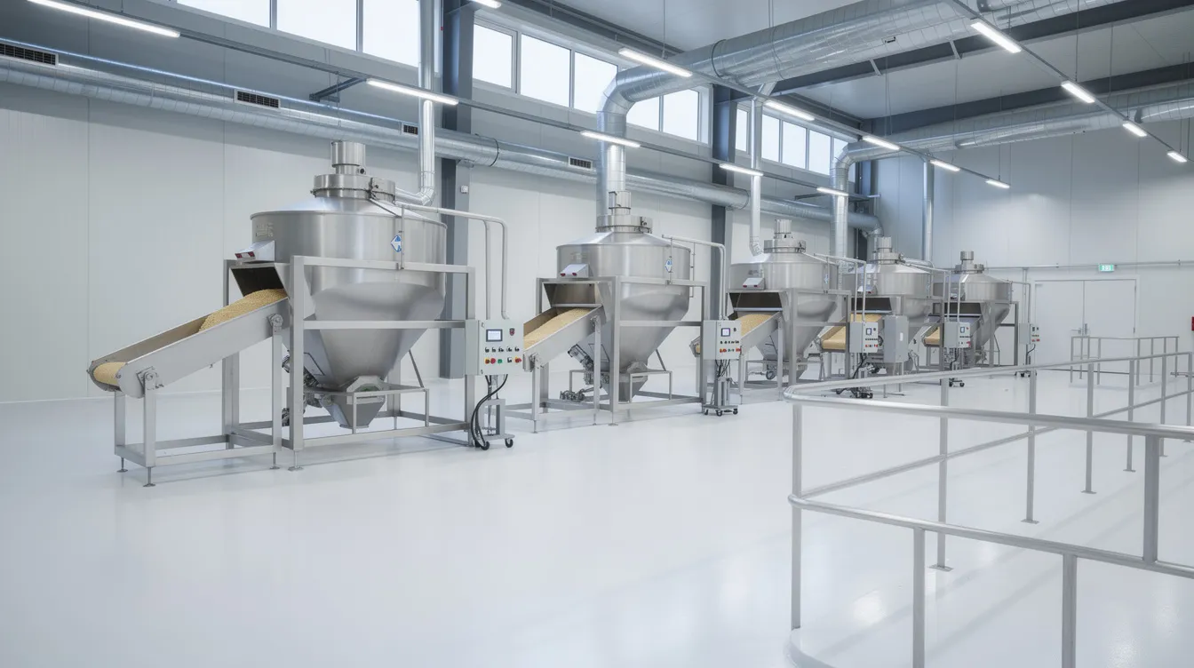 The image depicts industrial grain milling equipment within a clean food processing facility, showcasing a fully automatic besan plant designed for high efficiency in producing gram flour from chana dal. The machinery, made from mild steel, includes a control panel and airlock valve, emphasizing its advanced technology and low maintenance features.