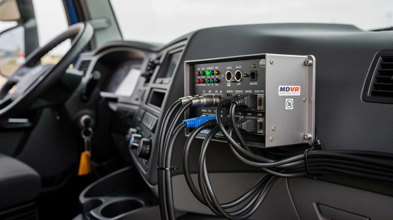 Types of MDVR Cameras for Fleet Vehicle: The image shows a close-up of an MDVR recorder unit mounted inside a commercial truck cab, featuring multiple cable connections for advanced driver assistance systems. This setup is designed for fleet management, ensuring continuous monitoring and video recording to enhance driver safety and provide valuable evidence for insurance claims.