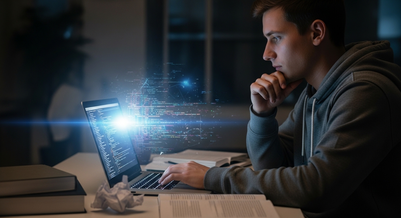 University student using AI to generate assignments on a laptop, with blurred lines between original work and automation.