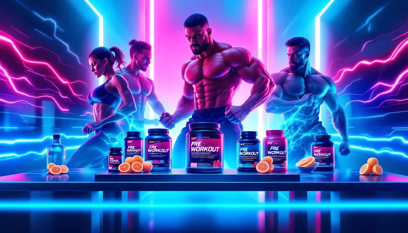 Various high stimulant pre workout supplements displayed on a table.