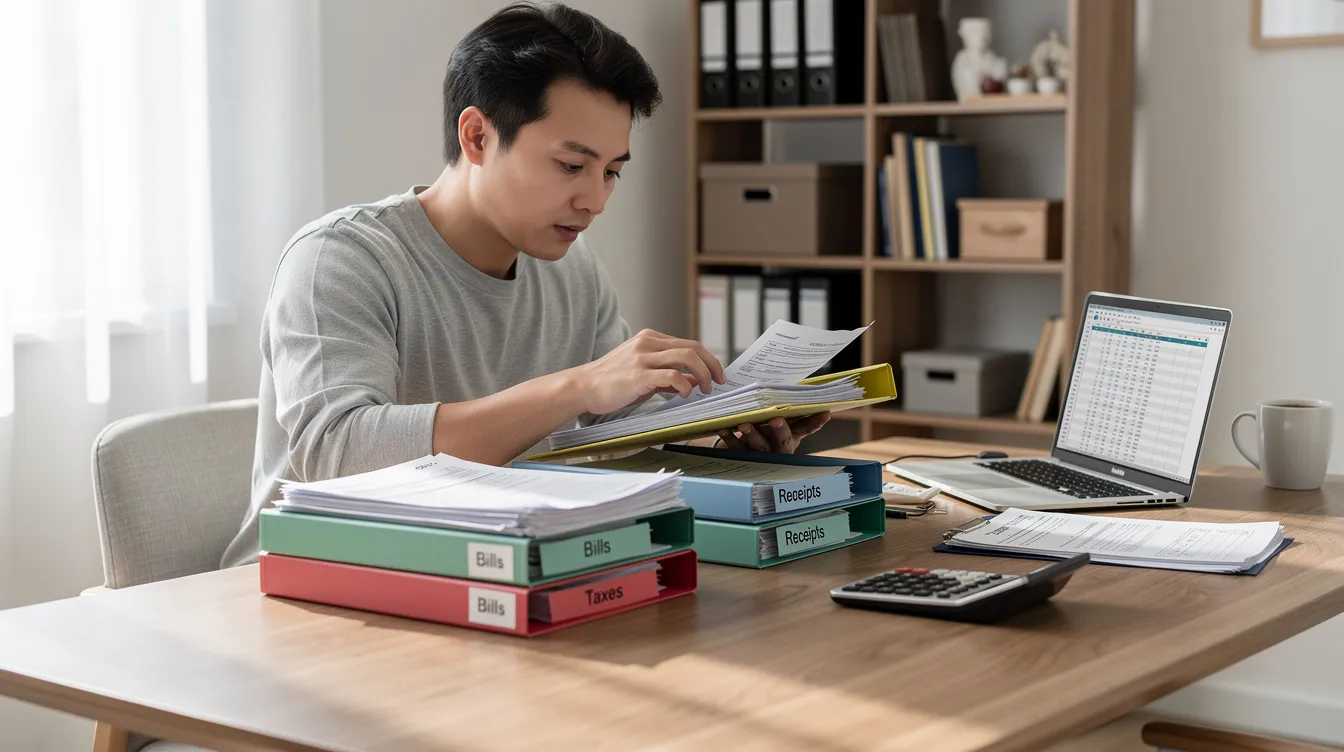 一位人士坐在書桌前,仔細整理各種財務文件和賬單,強調管理債務和財務記錄的重要性。場景反映了財務穩定與組織的重點,對有效債務重組及保持健康財務狀況至關重要。