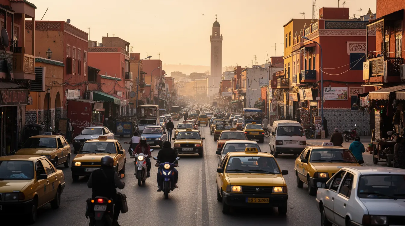 Een druk stadsverkeer in een Marokkaanse stad, omringd door kleurrijke gebouwen en een opvallende minaret op de achtergrond. Deze levendige scène weerspiegelt de unieke sfeer van Marokko, waar je met een huurauto de oude koningssteden en grote snelwegen kunt verkennen.