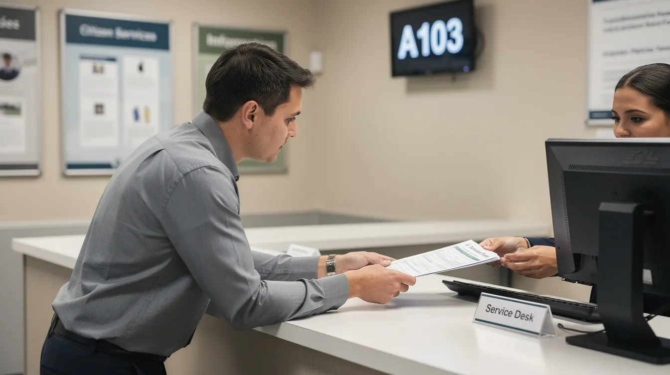 A person is standing at a government service counter, handing over a visa application form along with their valid passport and other necessary documents for their German visa. The scene captures the process of submitting all required documents to the German authorities for a visa interview.