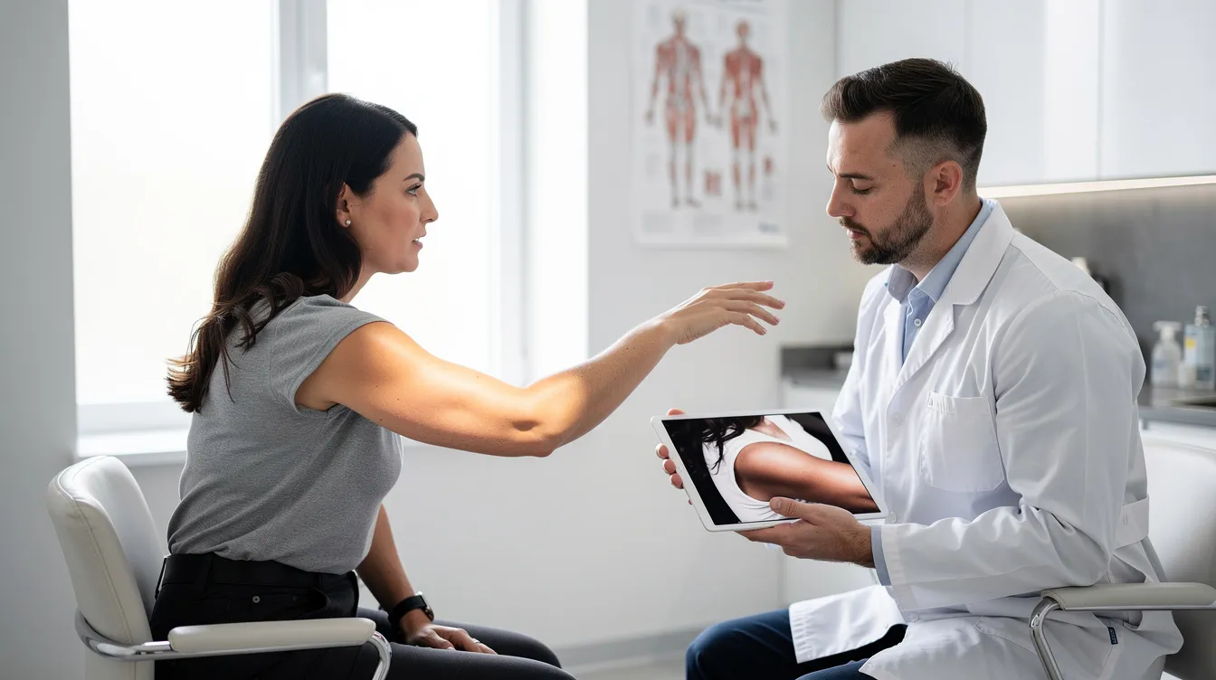 In a bright clinic, a patient consults with a board-certified plastic surgeon, who is reviewing the arm contour to address stubborn arm fat. The setting suggests a focus on minimally invasive procedures like laser liposuction to achieve sculpted and toned arms.