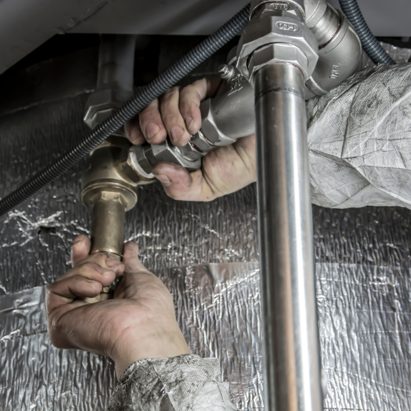 Image showing a plumber preventing extensive damage around a leak.