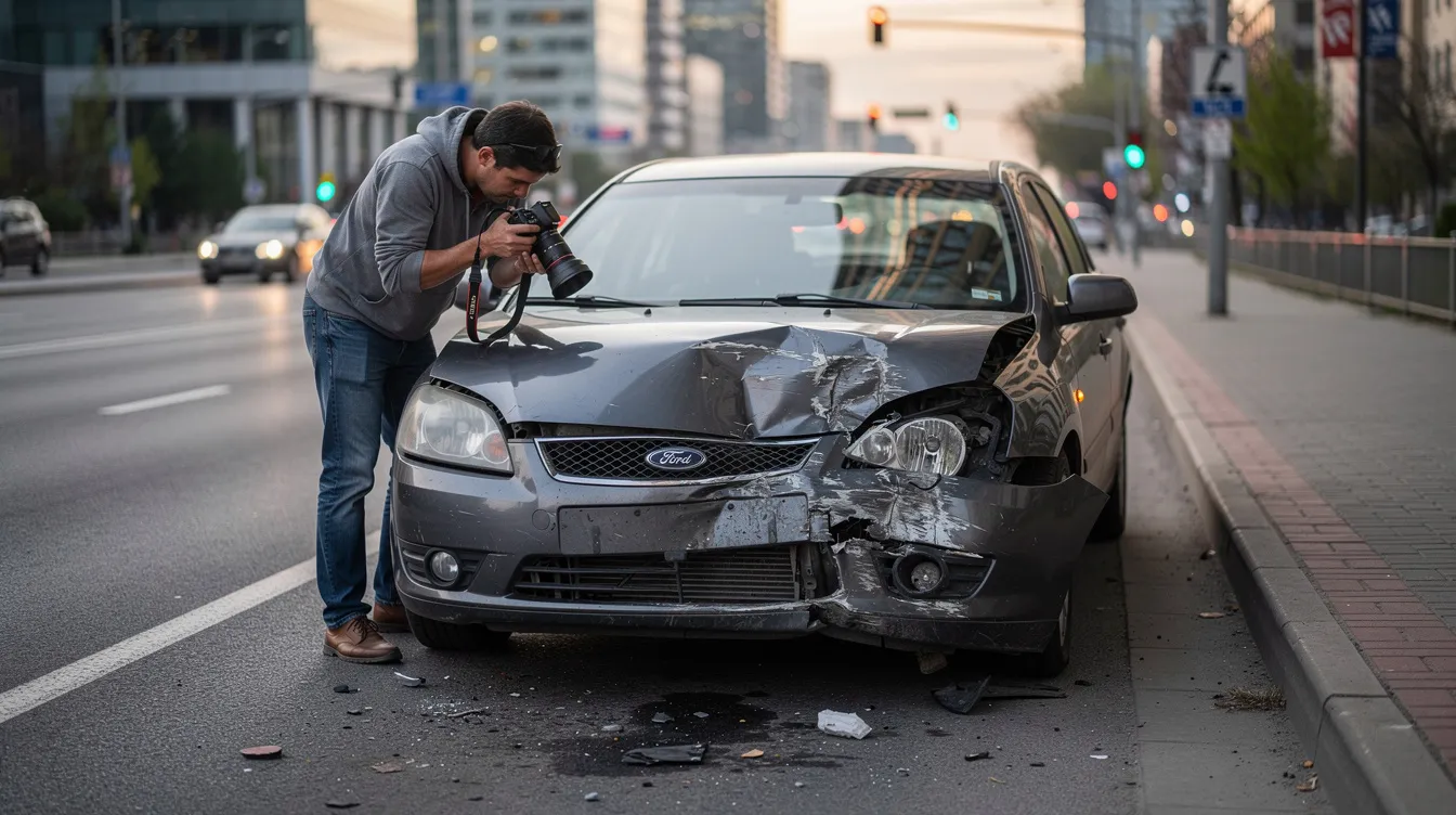 Una persona está tomando fotografías de un camión dañado tras una colisión en una carretera urbana, evidenciando los daños materiales y las consecuencias del accidente. Esta escena puede ser relevante para abogados de accidentes de camiones en Houston que buscan documentar casos de lesiones y daños.
