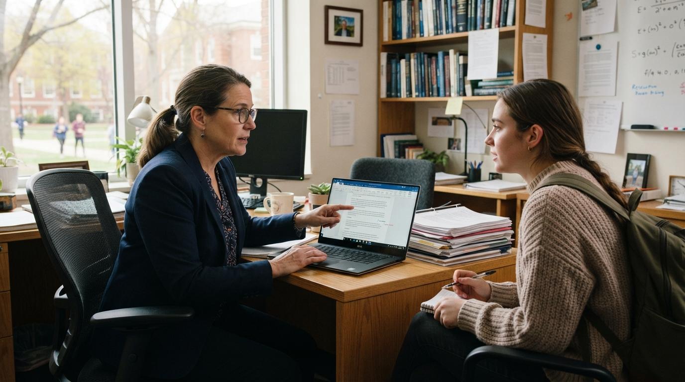 Photorealistic university professor efficiently reviewing a large stack of digital student assignments on a laptop while spending time mentoring a student, modern academic office.