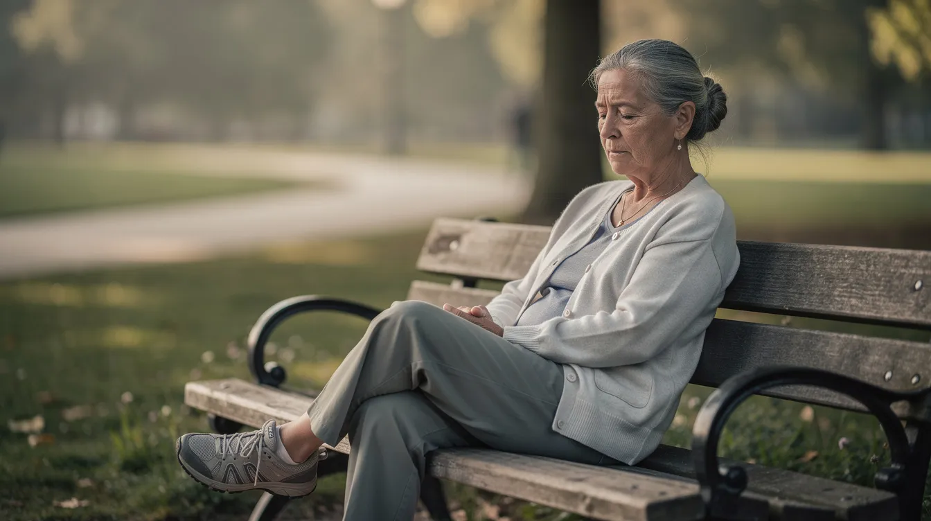 An older woman sits on a bench outdoors, looking fatigued and resting. Her expression suggests she may be dealing with physical and mental limitations, which could be relevant in discussions about her residual functional capacity and potential disability claims.