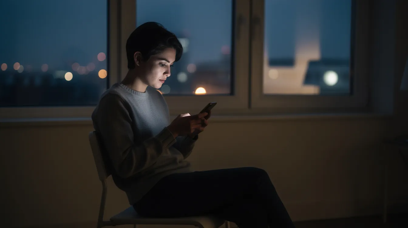 A person sits alone, gazing thoughtfully at their phone, reflecting on their core values and the emotional connections within their relationships. Their contemplative expression suggests they may be considering the compatibility and future of their current relationship.