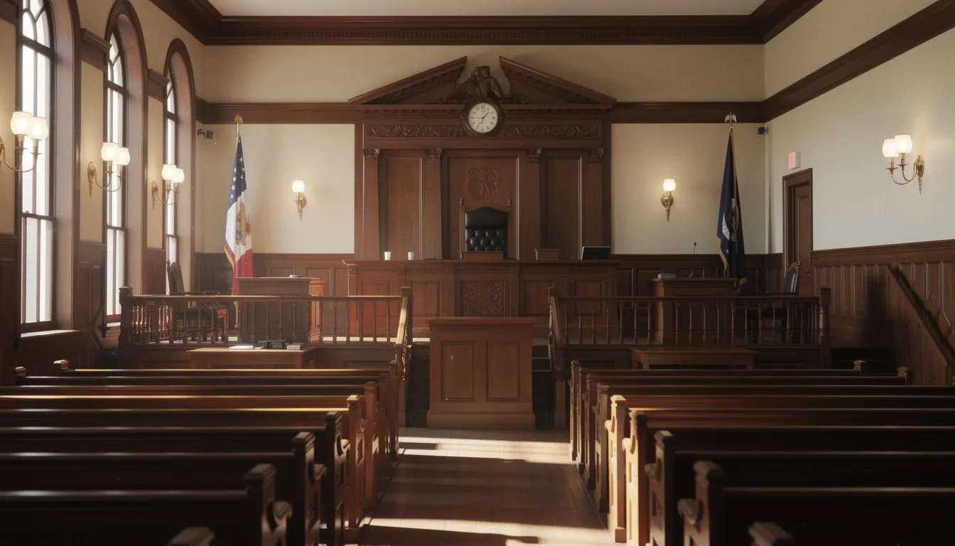 The image depicts an old courtroom interior, featuring polished wooden benches and a prominent judge's bench, evoking a sense of history and legal proceedings. This setting is reminiscent of the high-profile trials related to the phone hacking scandal involving figures from the British press, including the infamous News of the World.