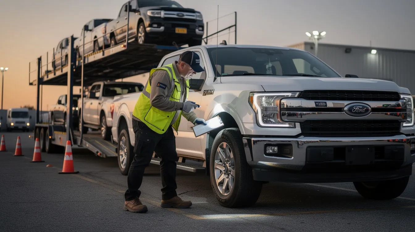 A professional driver is inspecting a pickup truck, ensuring it meets the auto transport requirements before loading it onto an enclosed carrier for safe vehicle transport. This careful examination is essential for reliable car shipping and guarantees that the vehicle arrives safely at its destination.