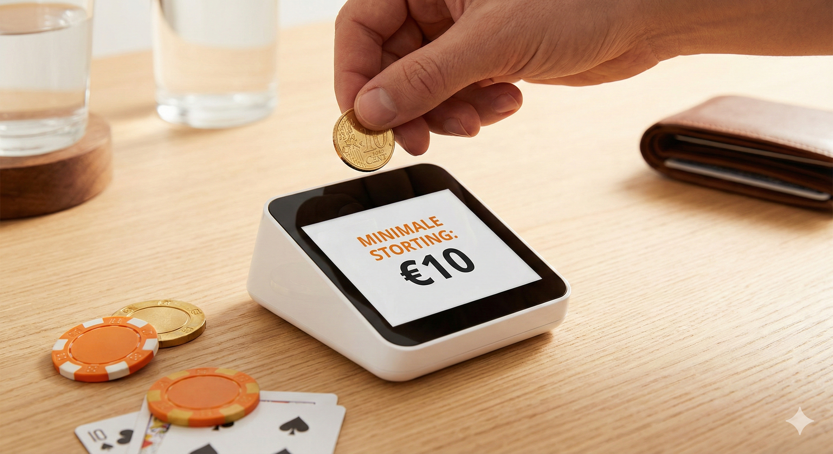 Minimale storting bij online casino van €10, hand die munt inlegt bij betaalterminal, met casinofiches en speelkaart op tafel.