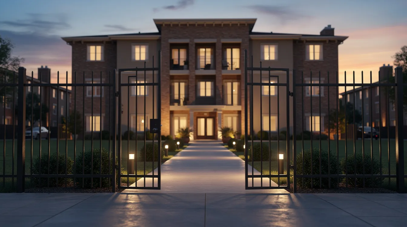 The image shows the exterior of an apartment building at dusk, featuring a metal security gate and a pathway leading to the entrance. The scene highlights the importance of adequate security measures, as property owners have a legal duty to protect guests from foreseeable harm, and inadequate security can lead to negligent security claims.