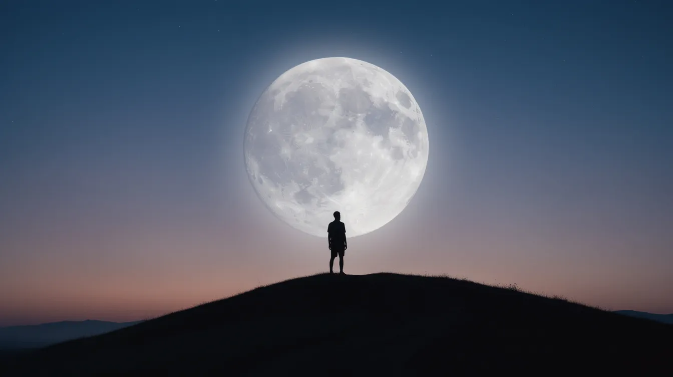 Die Silhouette einer Person steht auf einem Hügel vor einem großen, leuchtenden Mond, der den Dämmerungshimmel erhellt. Diese beeindruckende Szene vermittelt eine ruhige Atmosphäre und zeigt die Schönheit der Mondfotografie in der Natur.