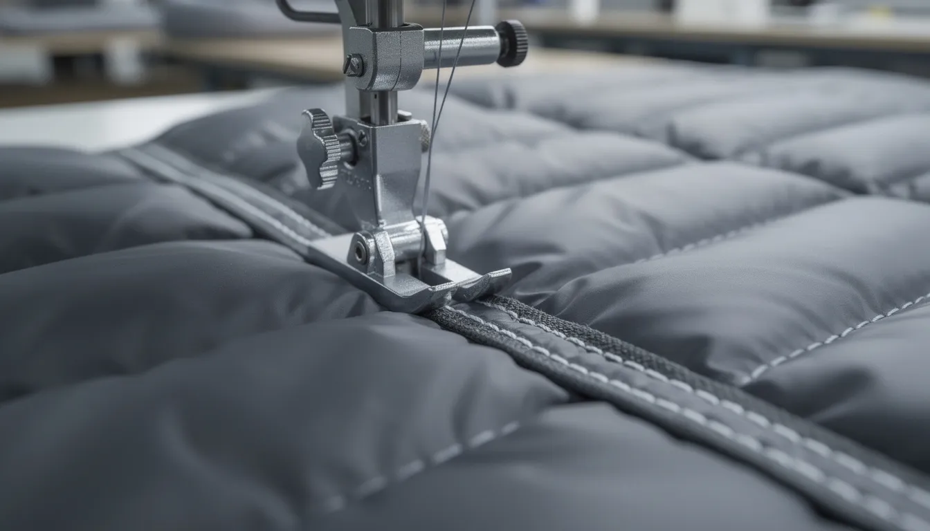 A close-up view of an industrial sewing machine in action, stitching together a quilted panel for a down jacket, showcasing the fine sewing thread used on lightweight fabrics. The image highlights the intricate details of the sewing process, emphasizing the importance of durability and the quality of materials like nylon and polyester in apparel construction.