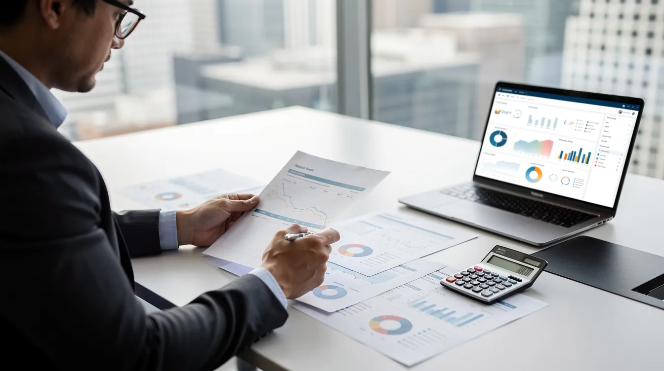 An investor is seated at a desk, intently reviewing financial documents alongside a laptop and calculator, as they analyze details related to their real estate investment portfolio. The scene captures the essence of evaluating investment property loan requirements and calculating potential rental income to ensure a healthy cash flow.
