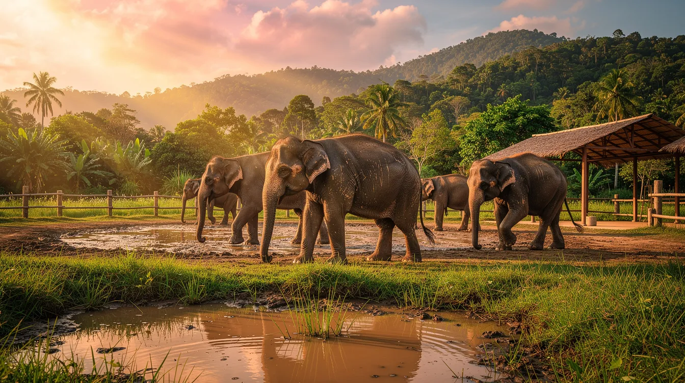 Imagem de um santuário de elefantes em Phuket, Tailândia, onde turistas interagem com os animais em um ambiente natural e acolhedor. O local é conhecido por promover a conservação e o bem-estar dos elefantes, proporcionando uma experiência única e educativa para os visitantes.