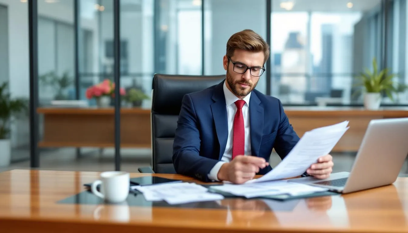 A professional business person is seated at a modern office desk, intently reviewing financial documents, indicative of the meticulous work done by private equity associates and investment bankers in the private equity industry. The scene captures the essence of deal execution and financial modeling, essential skills for success in private equity firms.