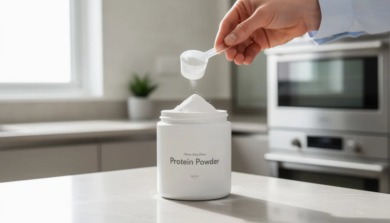 The image shows a person carefully measuring a scoop of white powder supplement, likely creatine monohydrate, on a kitchen counter, which is commonly used by fitness enthusiasts to support muscle recovery and growth. This scene captures the preparation for proper creatine intake, emphasizing the importance of dosage in a daily routine for optimal muscle creatine levels and energy production.