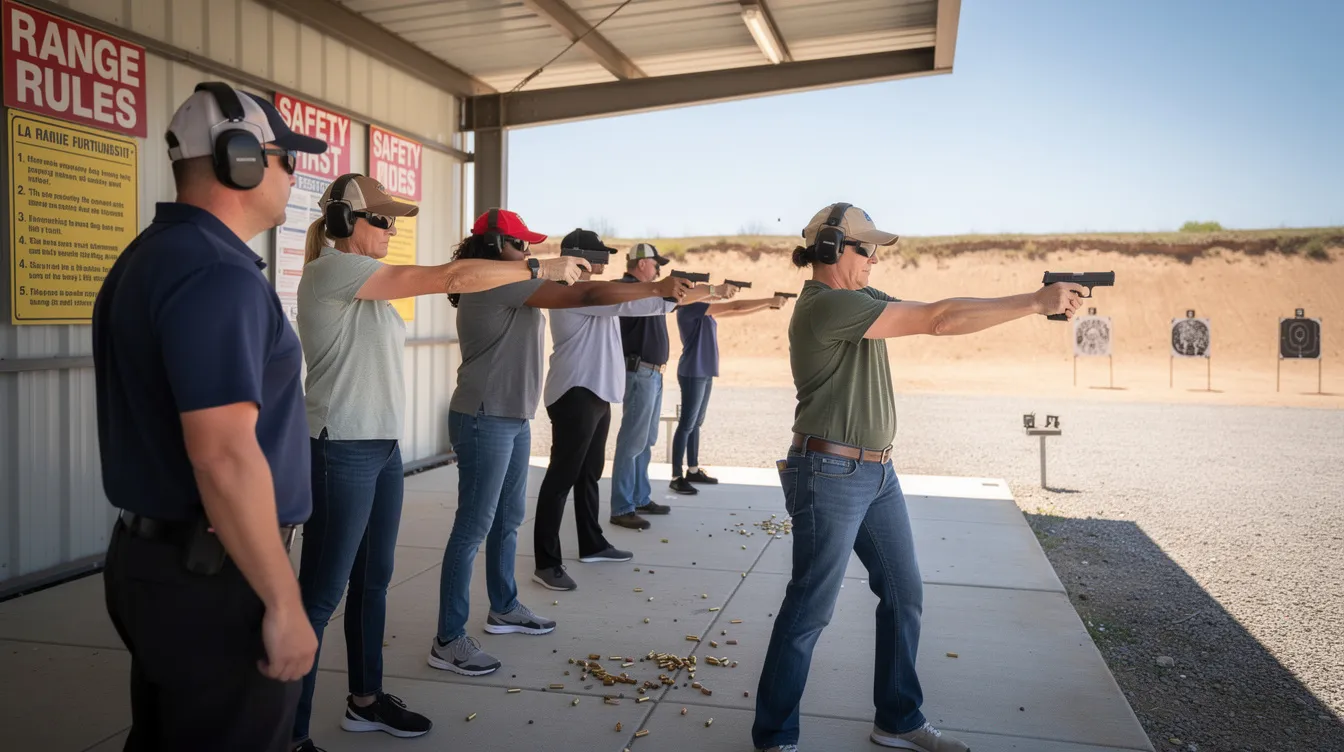 The image shows a diverse group of individuals at an outdoor shooting range, practicing safe handgun handling techniques while adhering to Ohio gun laws. They are focused on proper gun safety measures, emphasizing responsible carrying and the importance of having a valid concealed handgun license.