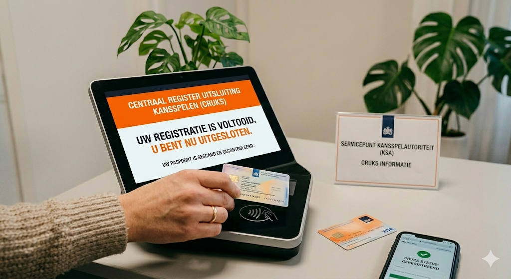 Registratie in het CRUKS uitsluitingsregister bij de Kansspelautoriteit (KSA), waarbij een speler wordt uitgesloten van deelname aan legale online casino’s in Nederland.