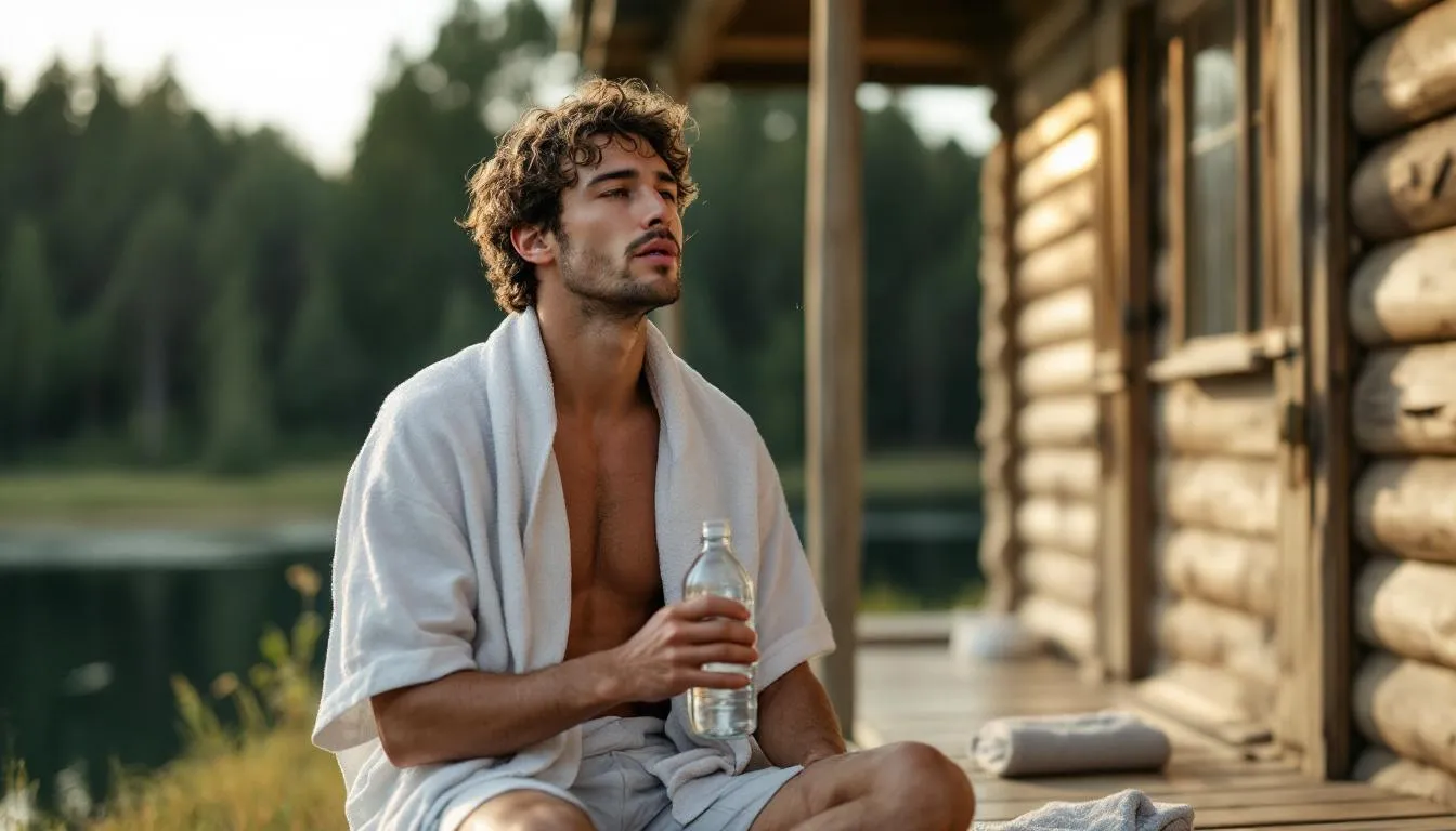 A person is sitting on a bench, cooling down after a sauna session, with beads of water on their skin indicating the heat exposure they just experienced. This moment highlights the health benefits of sauna use, such as promoting muscle relaxation and improving sleep quality through the gradual lowering of core body temperature.
